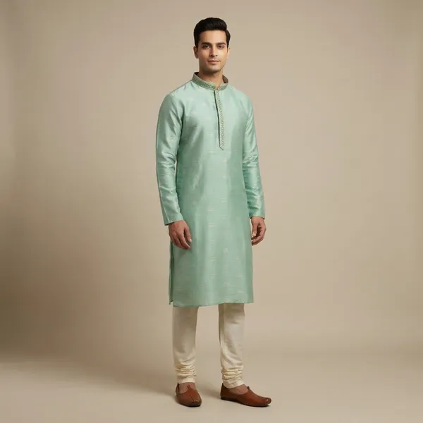 Mint_Green_Silk_Embroidered_Kurta_Set_For_Men