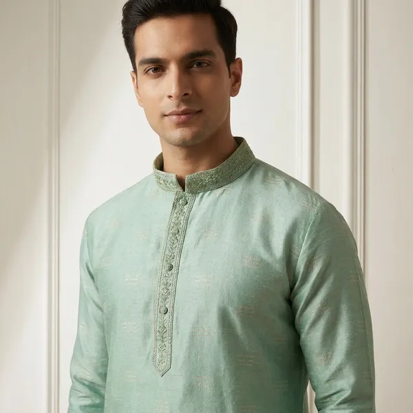 Mint_Green_Silk_Embroidered_Kurta_Set_For_Men