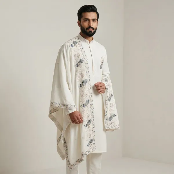 White_Cotton_Embroidered_Kurta_For_Men