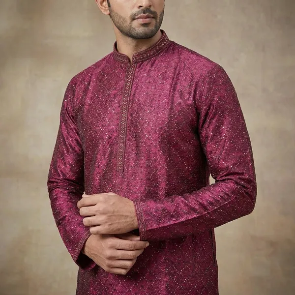 Maroon_Silk_Blend_Embroidered_Kurta_For_Men