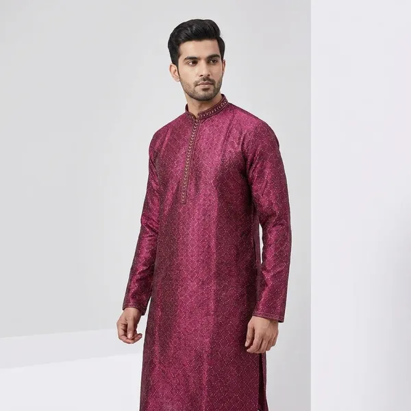 Maroon_Silk_Blend_Embroidered_Kurta_For_Men