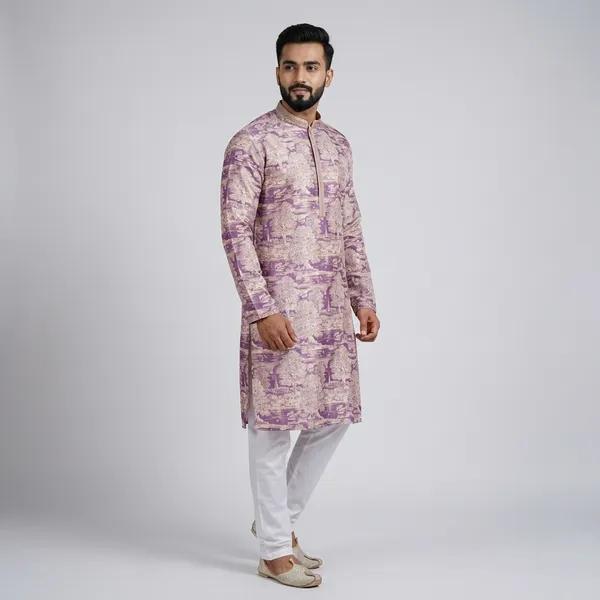 Purple_And_Cream_Cotton_Blend_Printed_Kurta_For_Men
