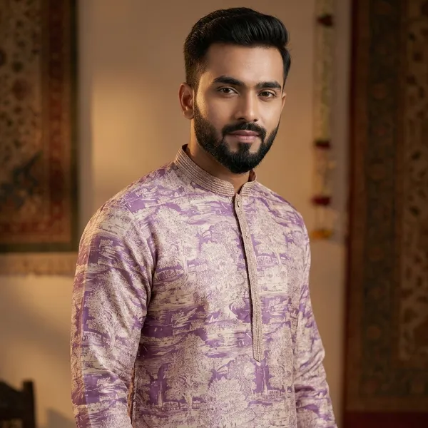 Purple_And_Cream_Cotton_Blend_Printed_Kurta_For_Men
