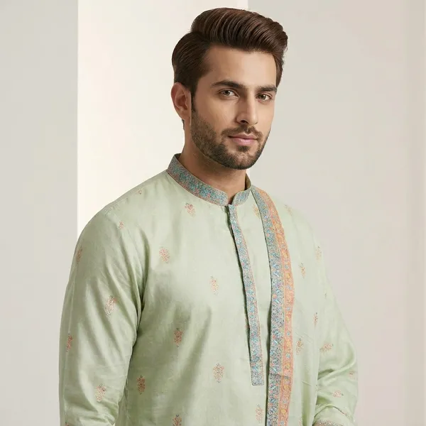 Green_Silk_Blend_Embroidered_Kurta_Set_For_Men