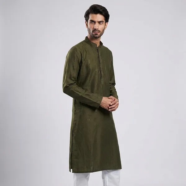 Olive_Green_Cotton_Striped_Kurta_For_Men