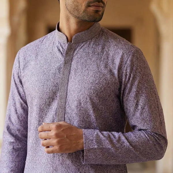 Purple_And_Grey_Cotton_Printed_Kurta_For_Men