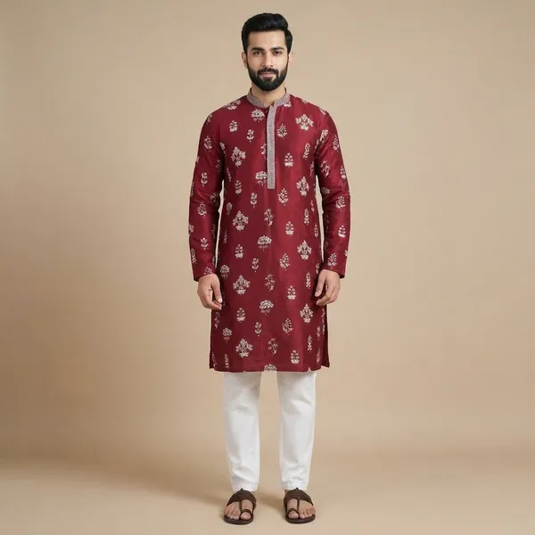 Maroon_Cotton_Floral_Print_Kurta_Set_For_Men
