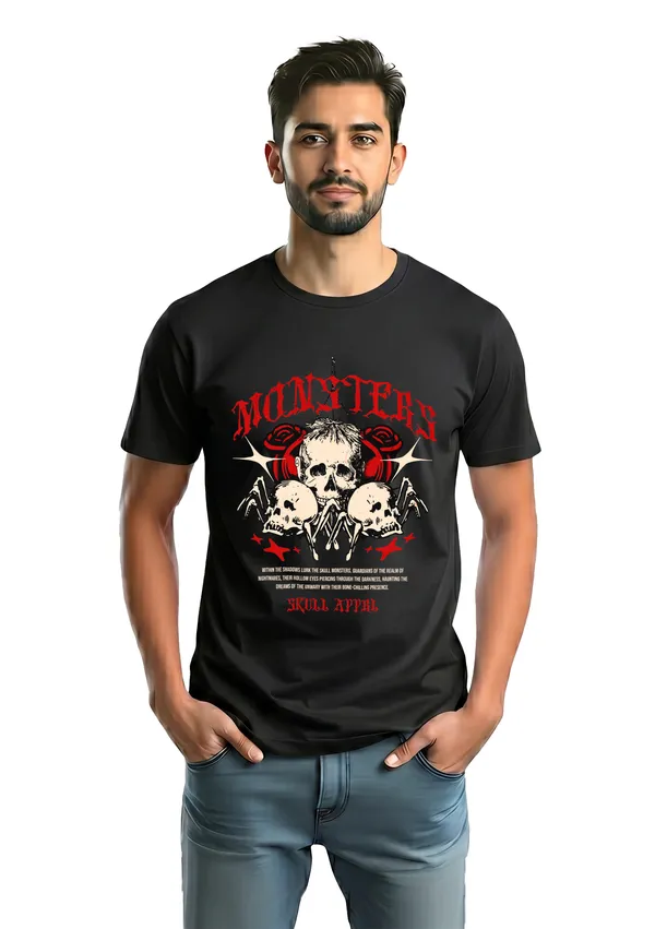 Monsters_Skull_Attitude_Graphic_Print_Black_T-Shirt_For_Men