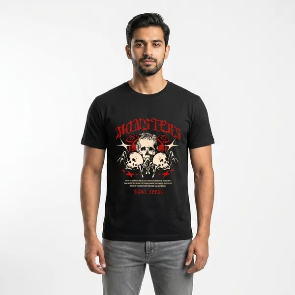 Monsters_Skull_Attitude_Graphic_Print_Black_T-Shirt_For_Men