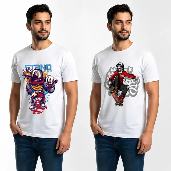 Stand_Strong_Graphic_Print_White_T-Shirt_And_White_Graphic_T-Shirt_With_Skateboarding_Character_Print_For_Men(Pack_Of_2)