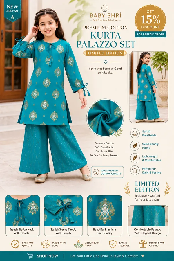 BABY_SHRI_Girls_Teal_Blue_Gold_Printed_Kurta_&_Palazzo_Suit_Set