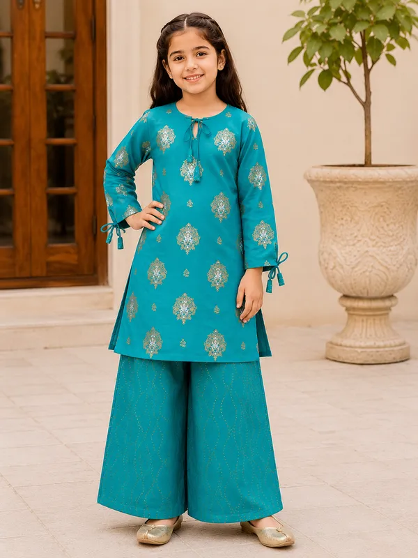 BABY_SHRI_Girls_Teal_Blue_Gold_Printed_Kurta_&_Palazzo_Suit_Set