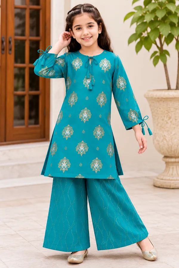 BABY_SHRI_Girls_Teal_Blue_Gold_Printed_Kurta_&_Palazzo_Suit_Set
