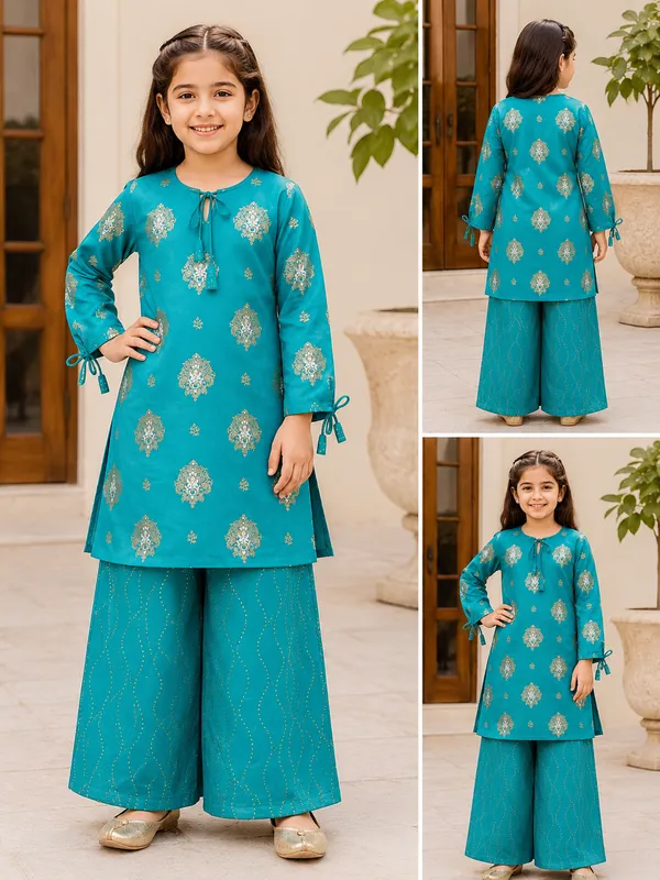 BABY_SHRI_Girls_Teal_Blue_Gold_Printed_Kurta_&_Palazzo_Suit_Set