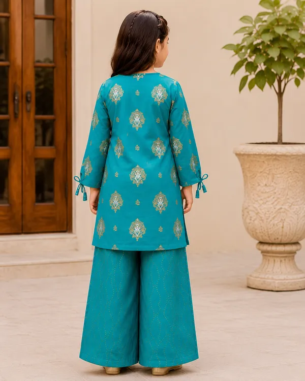 BABY_SHRI_Girls_Teal_Blue_Gold_Printed_Kurta_&_Palazzo_Suit_Set