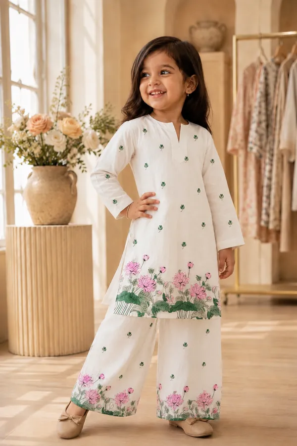 BABY_SHRI_Girls_White_Lotus_Printed_Cotton_Kurta_&_Wide-Leg_Palazzo_Set