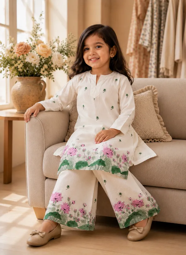BABY_SHRI_Girls_White_Lotus_Printed_Cotton_Kurta_&_Wide-Leg_Palazzo_Set
