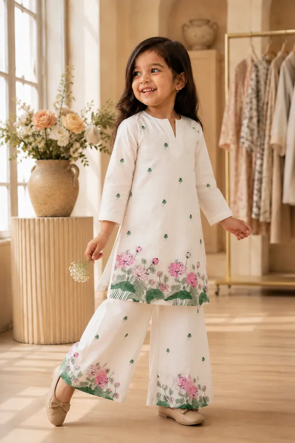 BABY_SHRI_Girls_White_Lotus_Printed_Cotton_Kurta_&_Wide-Leg_Palazzo_Set