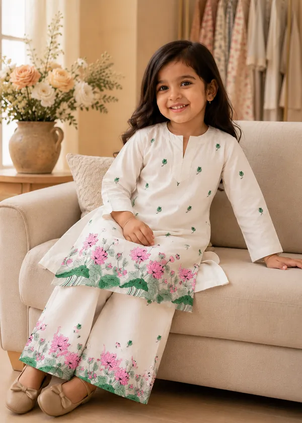 BABY_SHRI_Girls_White_Lotus_Printed_Cotton_Kurta_&_Wide-Leg_Palazzo_Set