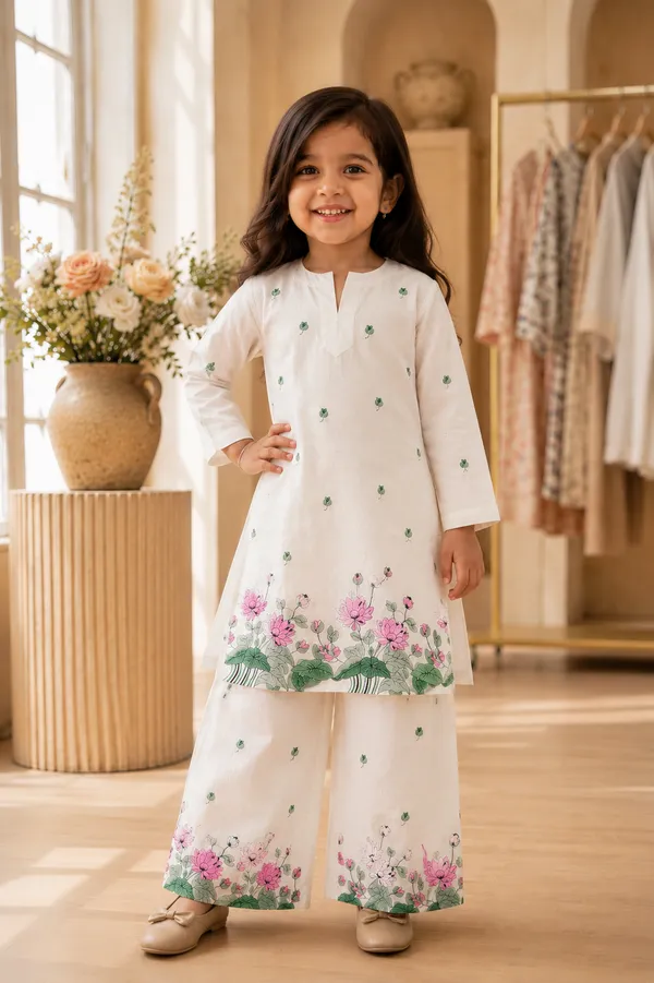 BABY_SHRI_Girls_White_Lotus_Printed_Cotton_Kurta_&_Wide-Leg_Palazzo_Set