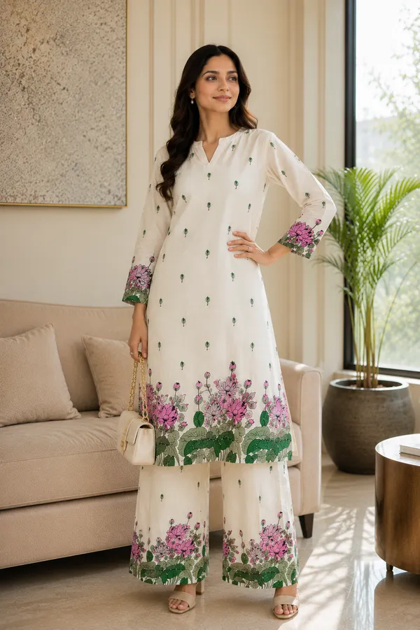 BABY_SHRI_Women's_Premium_Pure_Cotton_Pink_Lotus_Printed_Co-ord_Set_(Off-White,_Pack_of_1_Kurti_&_1_Palazzo_Pants)