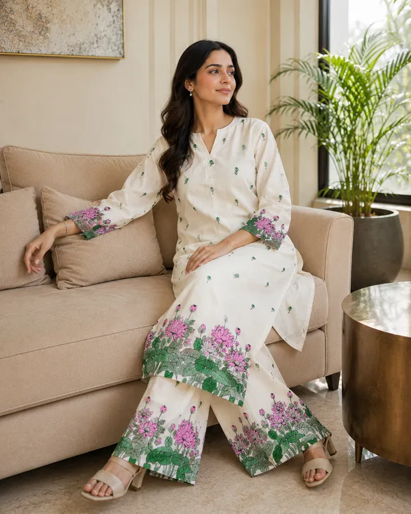 BABY_SHRI_Women's_Premium_Pure_Cotton_Pink_Lotus_Printed_Co-ord_Set_(Off-White,_Pack_of_1_Kurti_&_1_Palazzo_Pants)