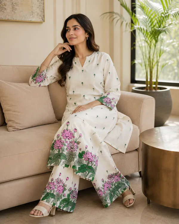 BABY_SHRI_Women's_Premium_Pure_Cotton_Pink_Lotus_Printed_Co-ord_Set_(Off-White,_Pack_of_1_Kurti_&_1_Palazzo_Pants)