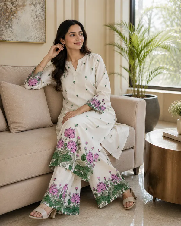 BABY_SHRI_Women's_Premium_Pure_Cotton_Pink_Lotus_Printed_Co-ord_Set_(Off-White,_Pack_of_1_Kurti_&_1_Palazzo_Pants)