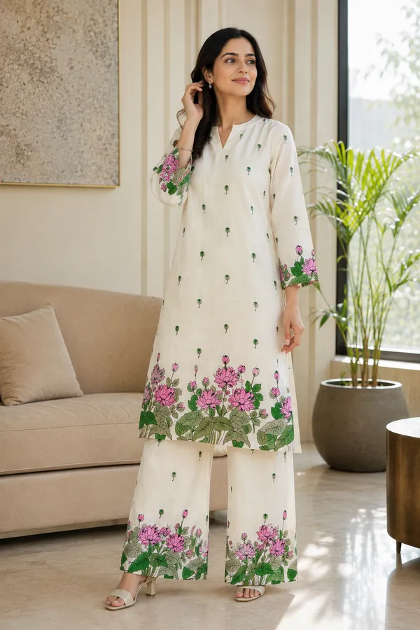 BABY_SHRI_Women's_Premium_Pure_Cotton_Pink_Lotus_Printed_Co-ord_Set_(Off-White,_Pack_of_1_Kurti_&_1_Palazzo_Pants)
