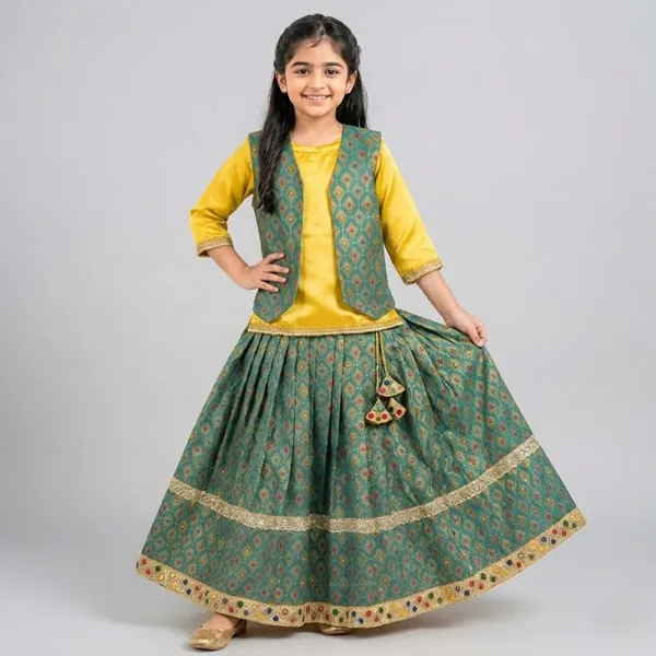 Baby_Shri_Luxury_Uttarakhandi_Traditional_Dress_For_Girls_|_Premium_Pahadi_Kumaoni_Garhwali_Cultural_Costume_|_Green_&_Yellow_Ethnic_Wear_Fancy_Dress