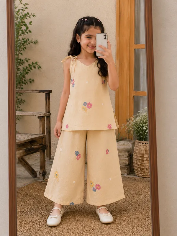 Girls_Beige_Embroidered_Top_and_Palazzo_Set_|_Tie-Up_Shoulder_Strap_V-Neck_Floral_Co-ord_Set_for_Kids