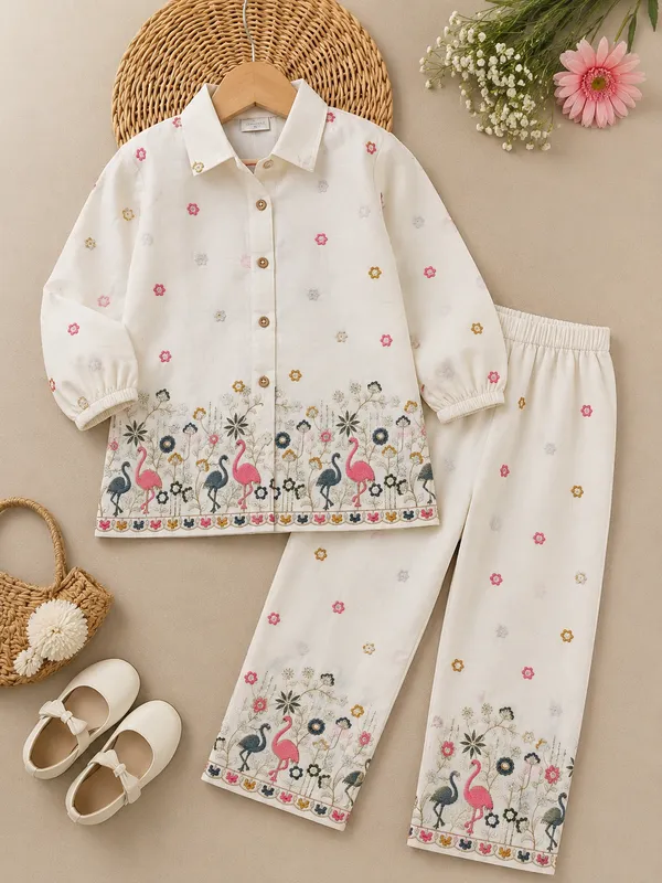 Premium_Kora_Cotton_Girls_Floral_&_Flamingo_Embroidered_Shirt_Pant_Set_–_Cream_White