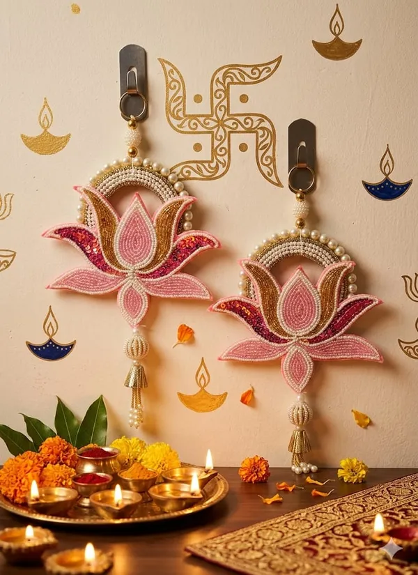 Handcrafted_Beaded_Lotus_Shubh_Labh_Wall_Hanging_Set_Set_Of_2_Size-10_Inches