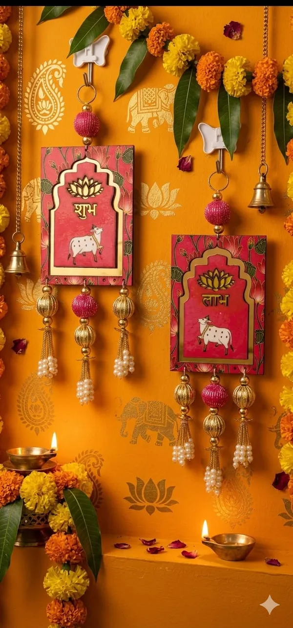 Decorative_Shubh_Labh_Wall_Hanging_With_Cow_Design_And_Beads_Size-10_Inches_-_Set_Of_2
