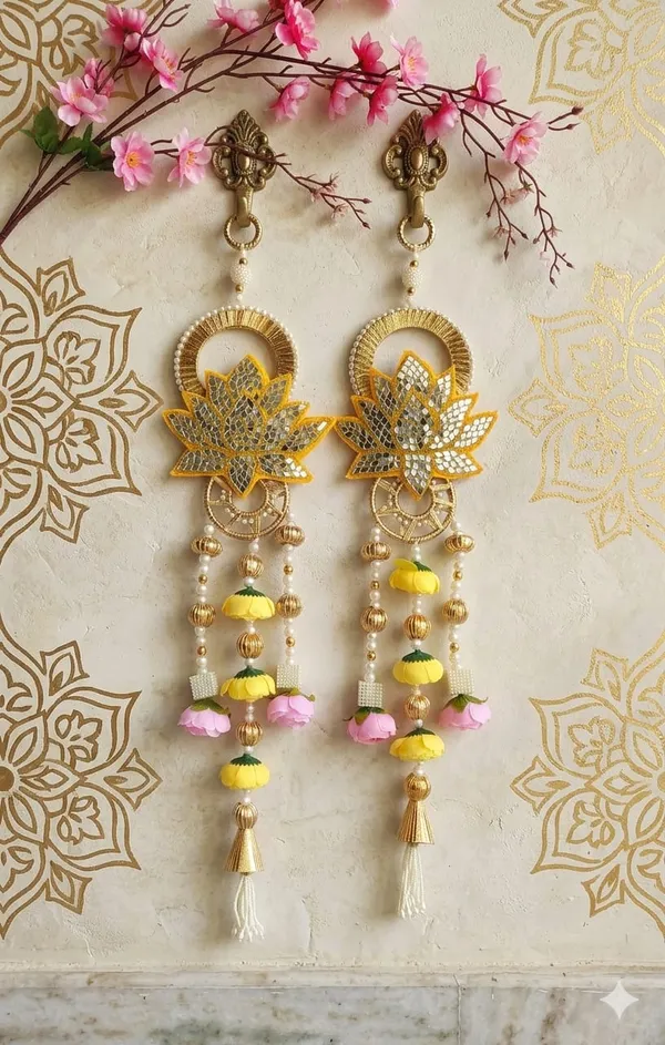Yellow_Lotus_Floral_Door_Hanging_With_Beads,Mirror_And_Tassels_Set_Of_2