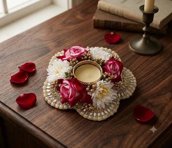 Floral_Table_Runner(size-_7inch_x_21inch)_with_2_Floral_Tealight_Holder_(size-_6_inch)