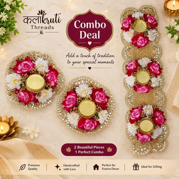 Floral_Table_Runner(size-_7inch_x_21inch)_with_2_Floral_Tealight_Holder_(size-_6_inch)
