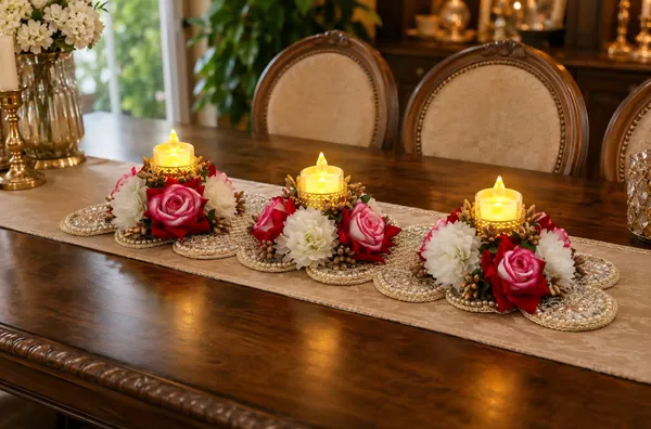 Floral_Table_Runner(size-_7inch_x_21inch)_with_2_Floral_Tealight_Holder_(size-_6_inch)