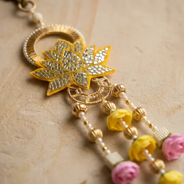 Yellow_Lotus_Floral_Door_Hanging_With_Beads,Mirror_And_Tassels_Set_Of_2