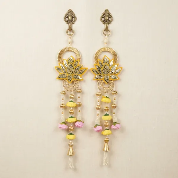 Yellow_Lotus_Floral_Door_Hanging_With_Beads,Mirror_And_Tassels_Set_Of_2