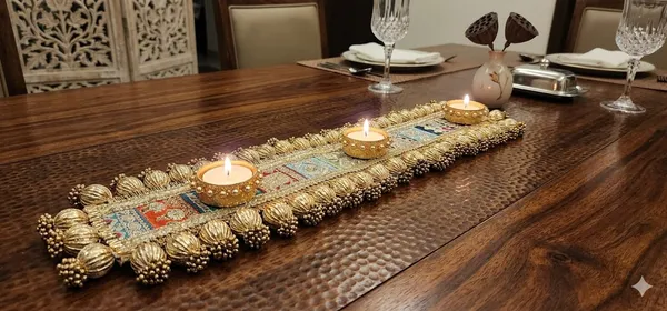 Golden_Table_Runner_With_3_Tealight_Holder_With_Attached_Bells-_21_inches_