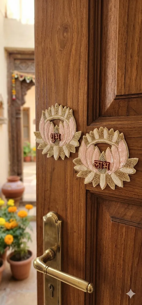 6_INCH_Handcrafted_Lotus_Shubh_Labh_Stick-On_(PEACH_COLOUR)