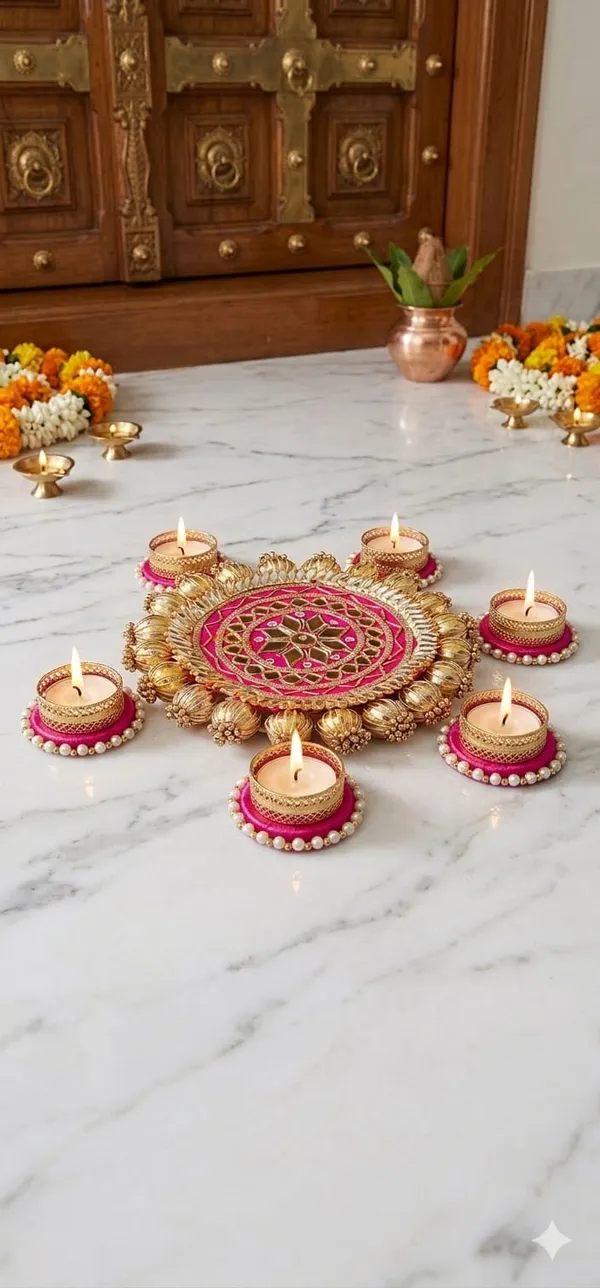 Pink_Handcrafted_Gottapatti_Tealight_Rangoli_With_6_Tealight_holder._Size_-8_Inches
