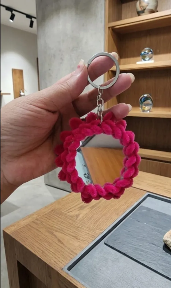 Handcrafted_Pink_Flower_Keychain_With_Pom-Pom_Border