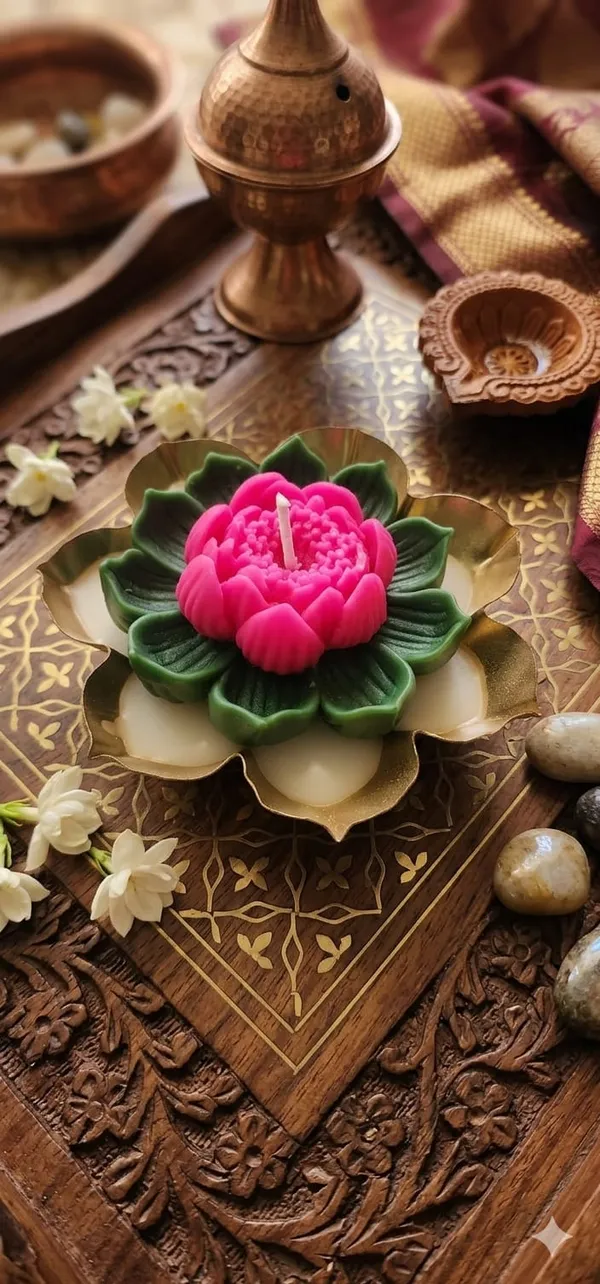 Decorative_Lotus_Candle_With_Golden_Brass_Urn_And_Incense_Burner