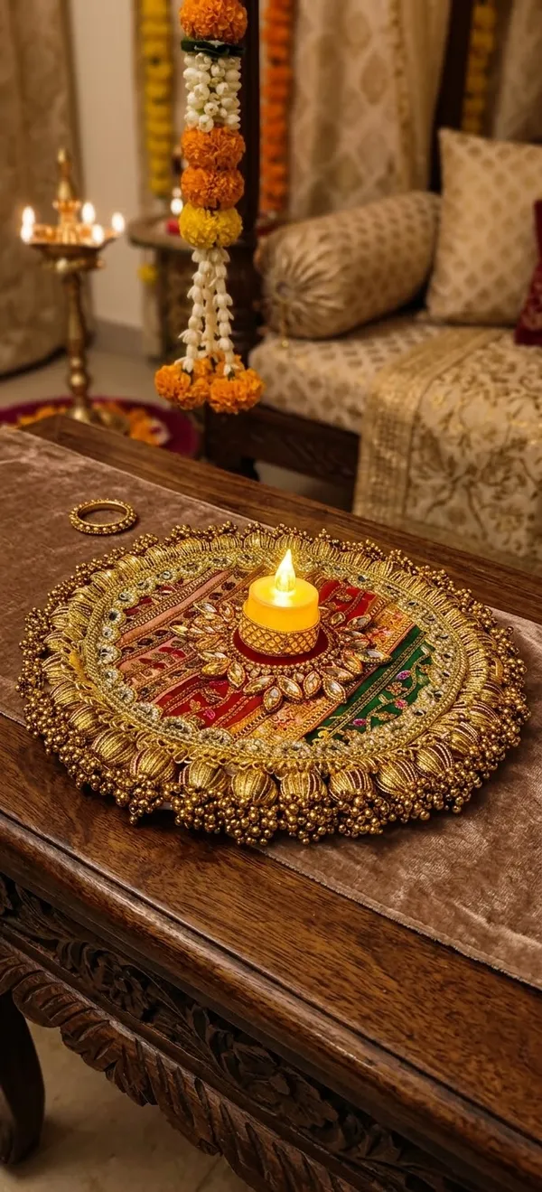 Traditional_Handcrafted_Table_Runner_(size-_9_inches_x_28inches)_with_1_Traditional_tealight_holder__size_-_10_INCHES_Tealight_holder_