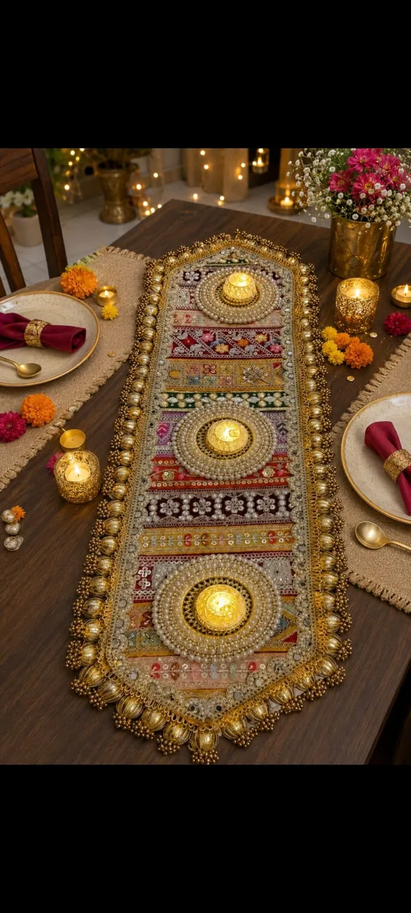 Traditional_Handcrafted_Table_Runner_(size-_9_inches_x_28inches)_with_1_Traditional_tealight_holder__size_-_10_INCHES_Tealight_holder_