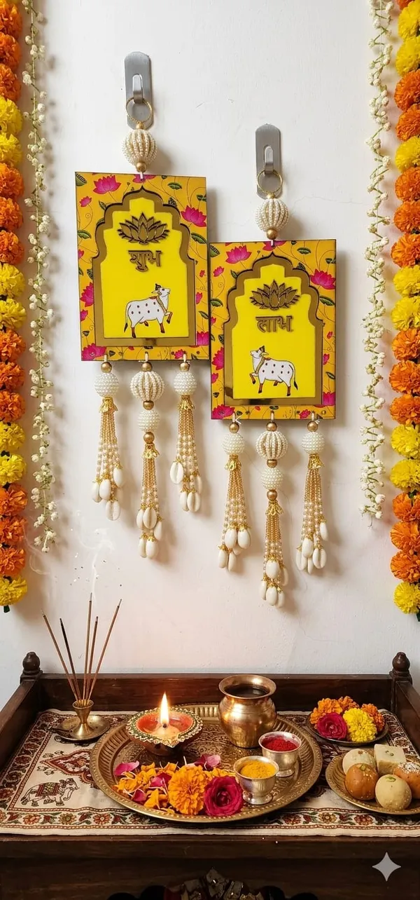 Decorative_Shubh_Labh_Wall_Hanging_With_Cow_Motif_And_Pearl_Tassels_Size-10_inches_Set_Of_2_-_Yellow