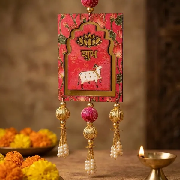 Decorative_Shubh_Labh_Wall_Hanging_With_Cow_Design_And_Beads_Size-10_Inches_-_Set_Of_2