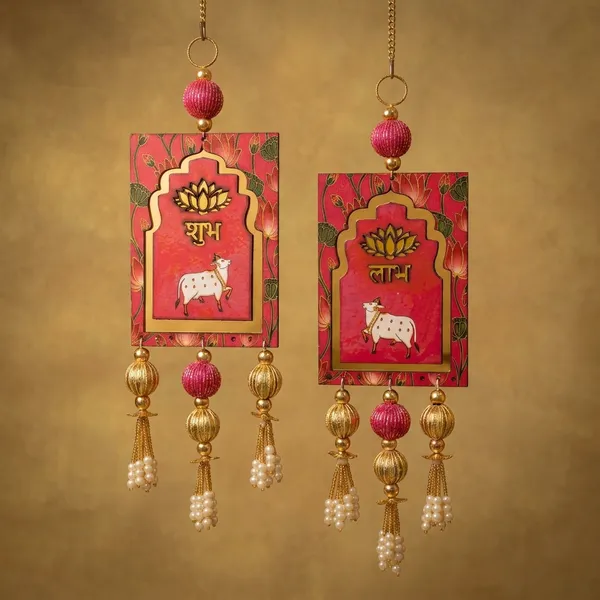 Decorative_Shubh_Labh_Wall_Hanging_With_Cow_Design_And_Beads_Size-10_Inches_-_Set_Of_2